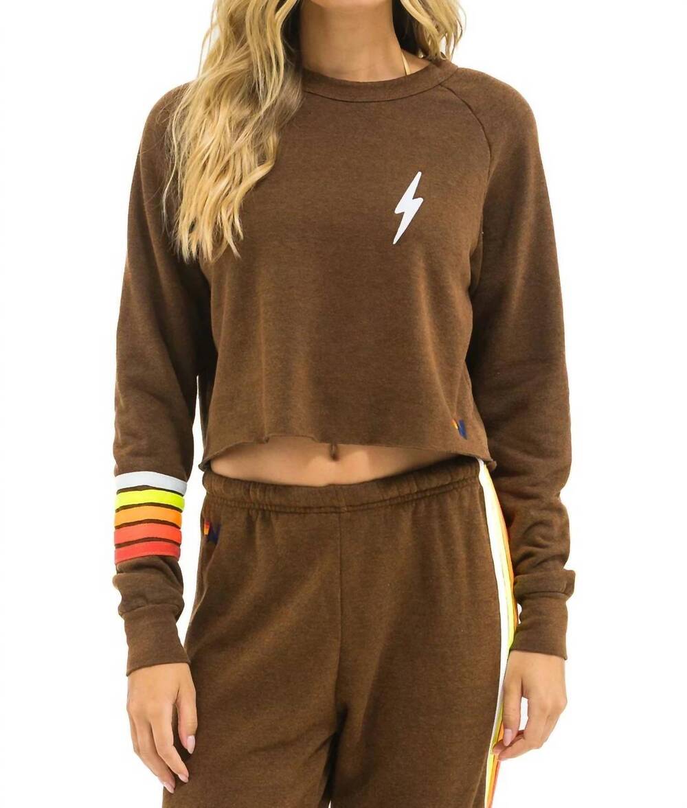 NEW AVIATOR NATION bolt rugby stitch cropped crew sweatshirt in chocolate/white